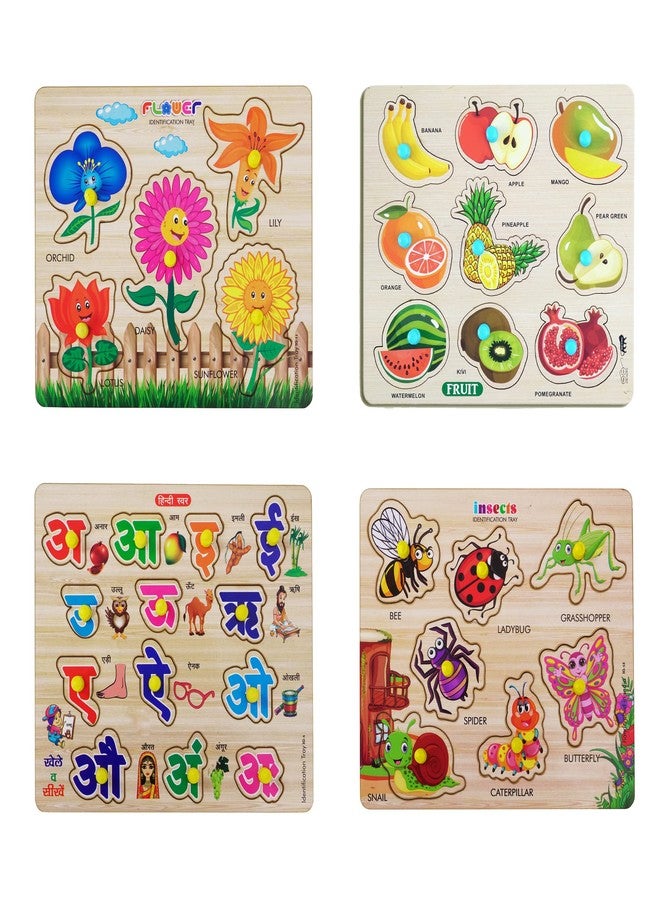 Lefan® Kids Fort Pre Nursery Educational Jigsaw Puzzles for Adults Kids Learning Toys Kit Board Game 4 pcs Set of Flower Fruits Hindi Letters & Insects Educational Toy - Image 1